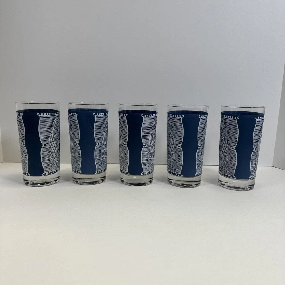 Set of 5 Vintage Currier and Ives Old Grist Mill Blue and White Glass Tumblers
